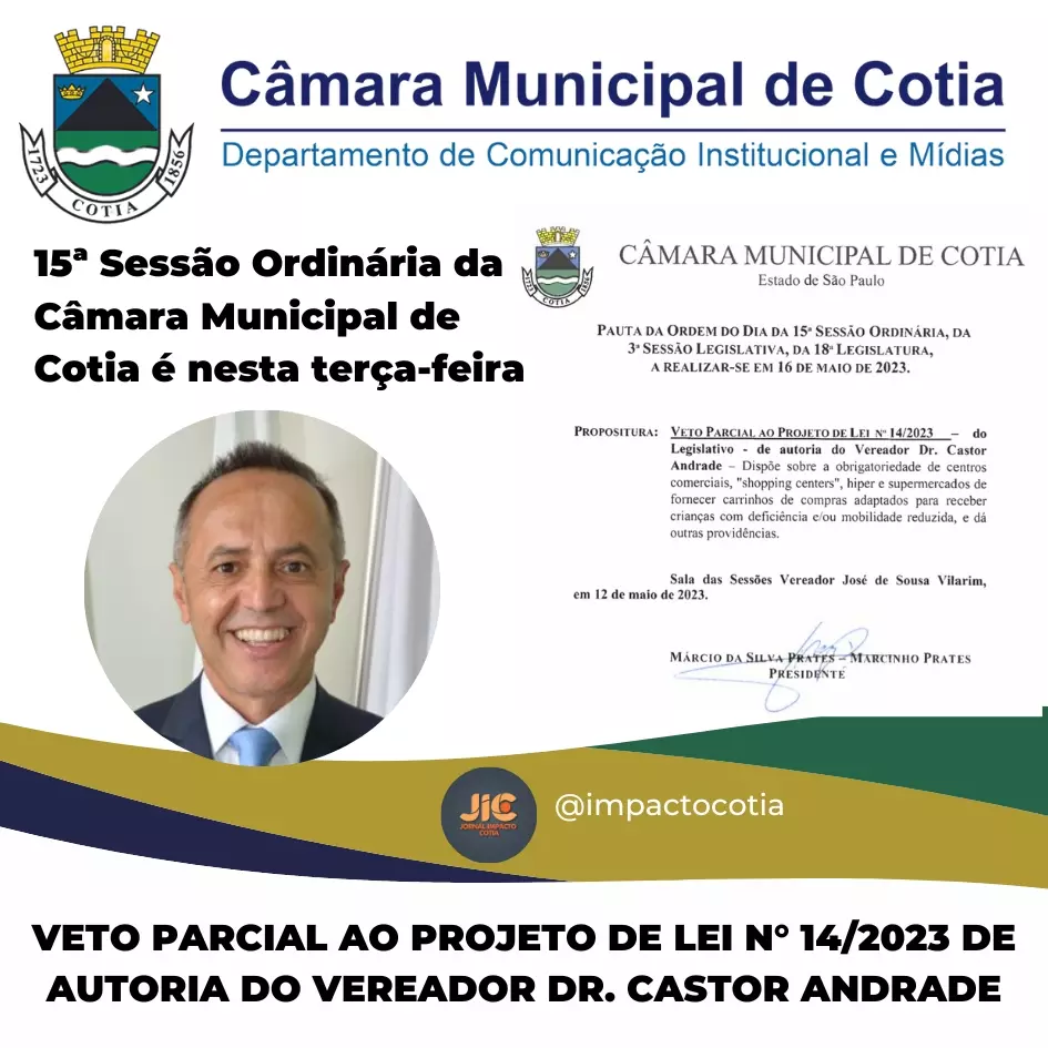 15ª Sessão Ordinária da Câmara Municipal de Cotia é nesta terça-feira